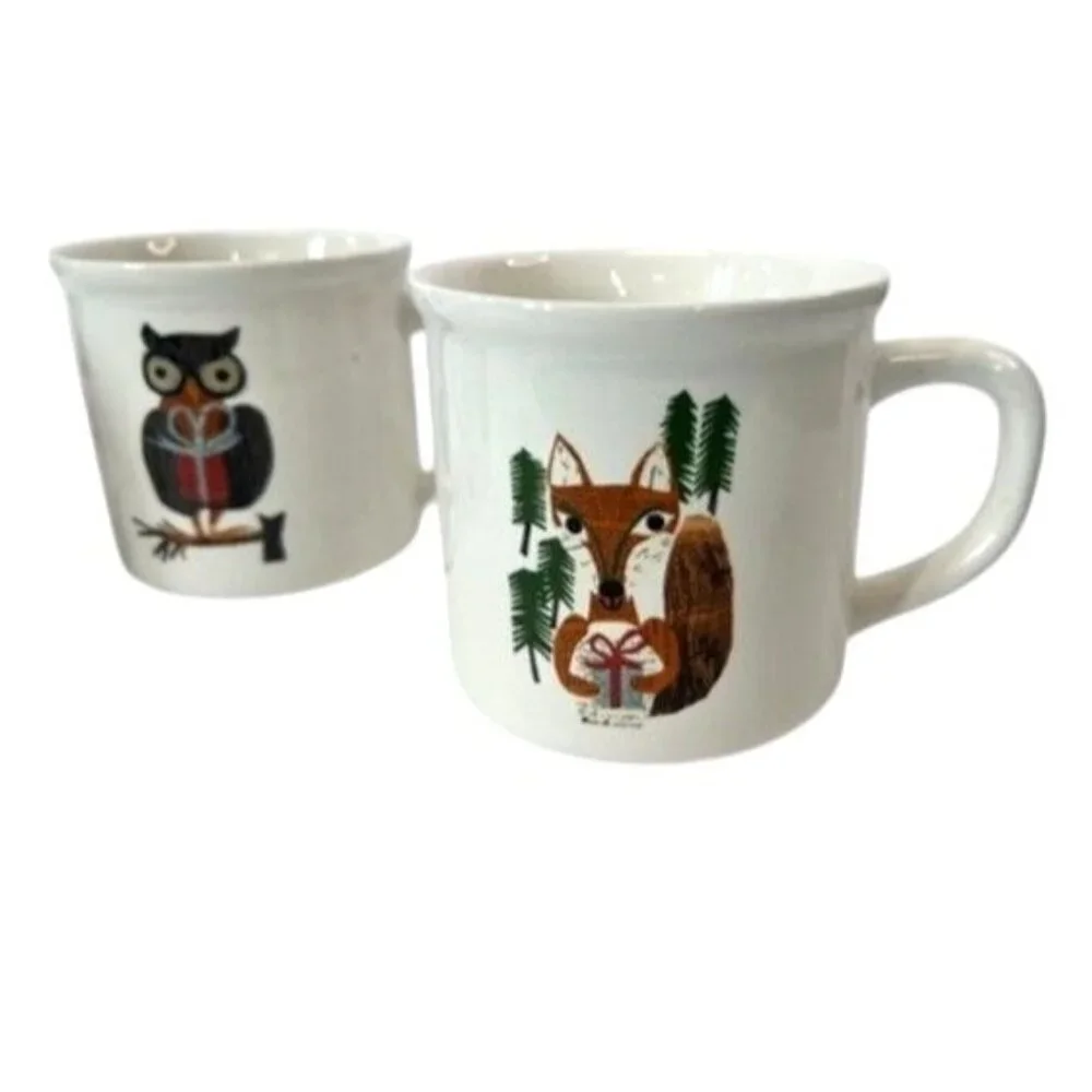 3 POTTERY BARN DENISE FIEDLER WHIMSICAL CAT,FOX & OWL MUGS -A FUN TASTE OF NATUR